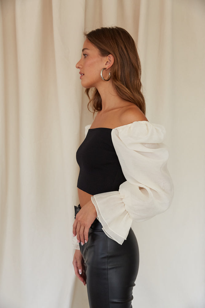 chiffon sleeve with sweater bodice in blush and black - back to school - school - school presentations - work - office