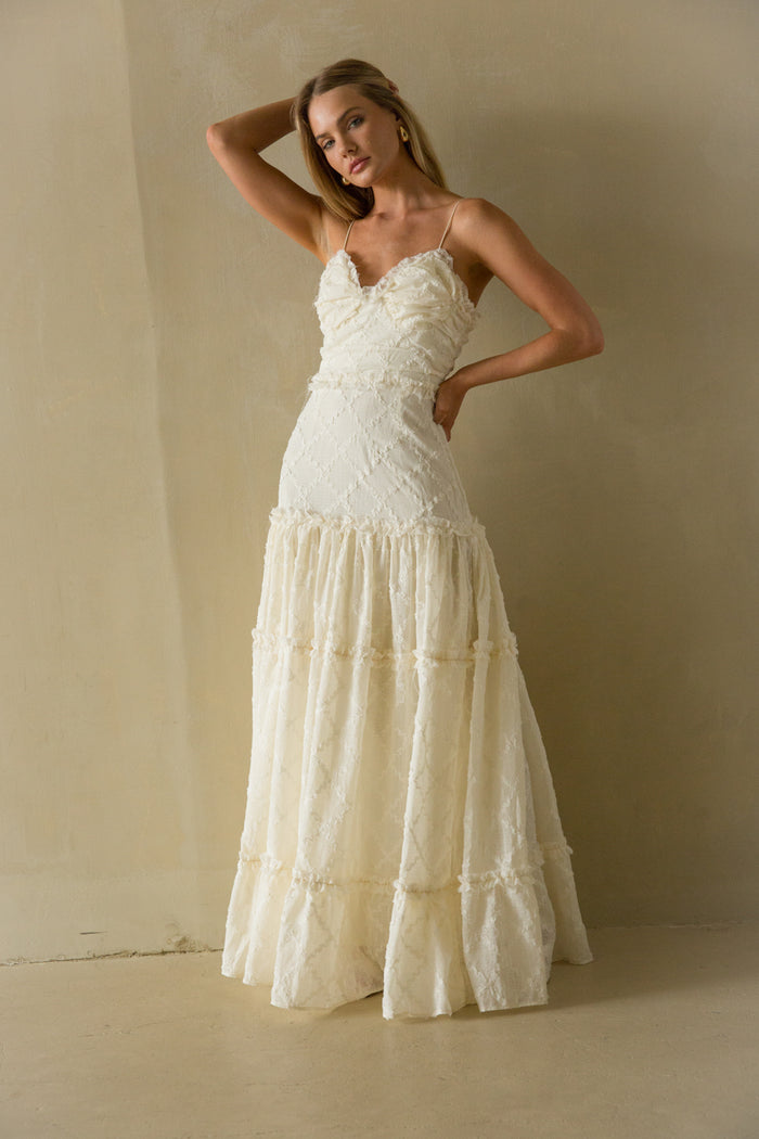 Front View | ivory cream lace bohemian flowly maxi dress | Bridal Dress