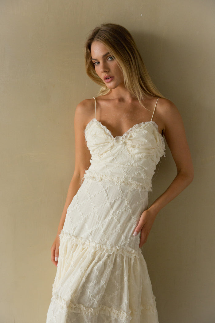 Front View | ivory cream lace bohemian flowly maxi dress | Bridal Dress