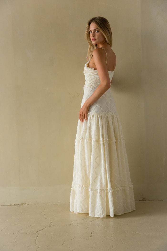 Back View | ivory cream lace bohemian flowly maxi dress | Bridal Dress