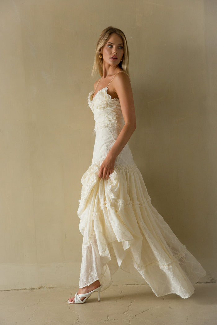 Side View | ivory cream lace bohemian flowly maxi dress | Bridal Dress