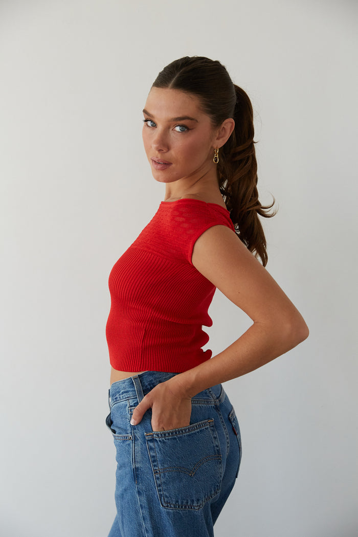 side view off the shoulder red knit top