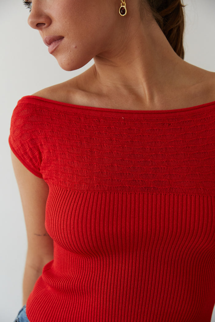 detail view off the shoulder red knit top