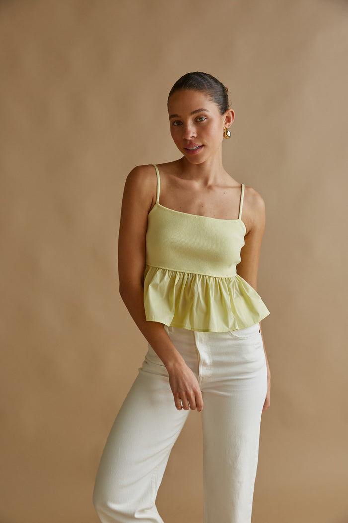 yellow spag strap peplum crop top