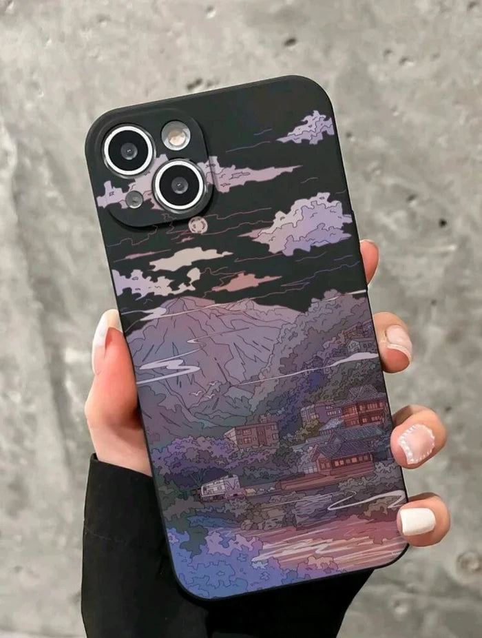 Phone Case â€“ Matte Finish with Scenic Mountain Cartoon Design â€“ Shockproof & Sty