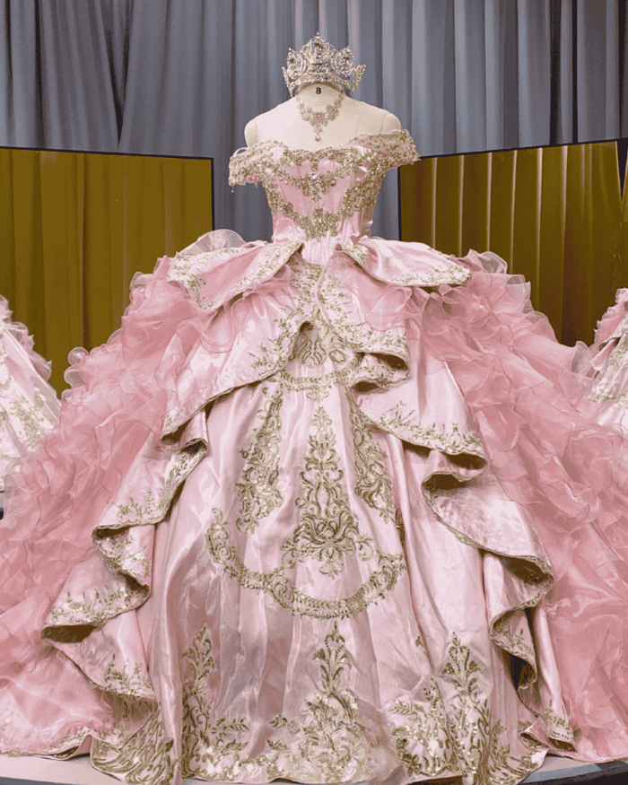 Pink Gold Embroidered Ruffled Ball Gown Quinceañera Dress