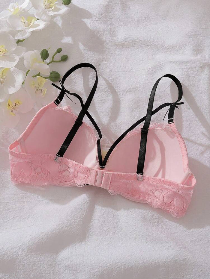 Pink Lace Push Up Bra for Women – Underwire Padded Bra – Contrast Black Straps – Shein Style Feminine Lingerie