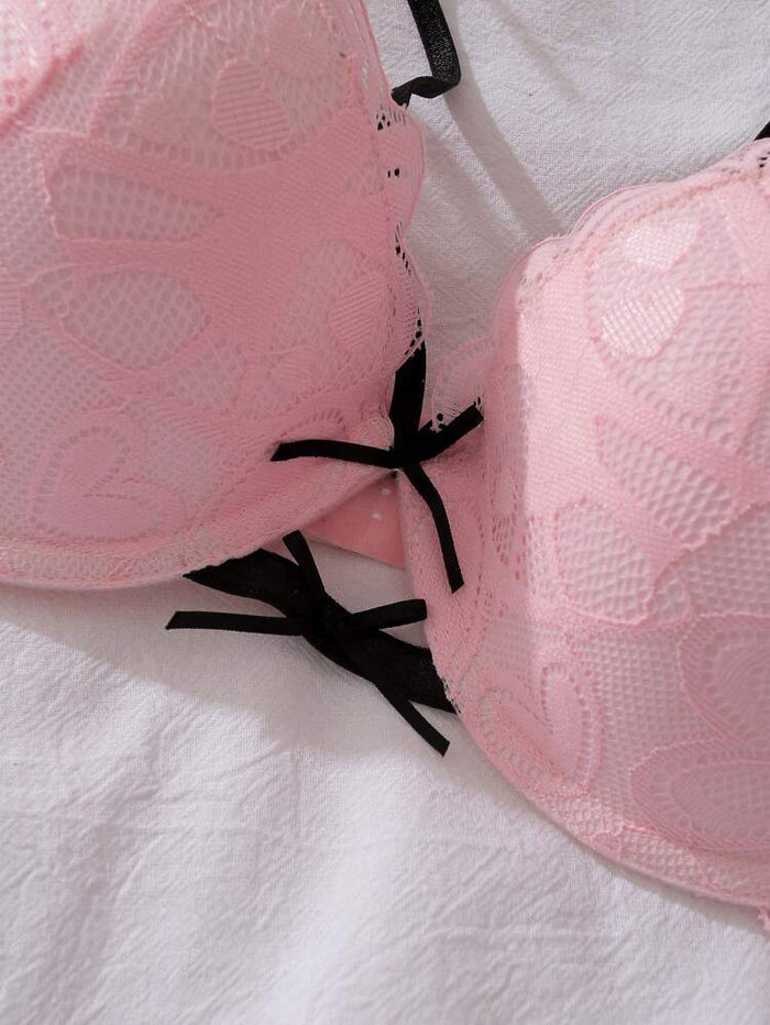 Pink Lace Push Up Bra for Women – Underwire Padded Bra – Contrast Black Straps – Shein Style Feminine Lingerie