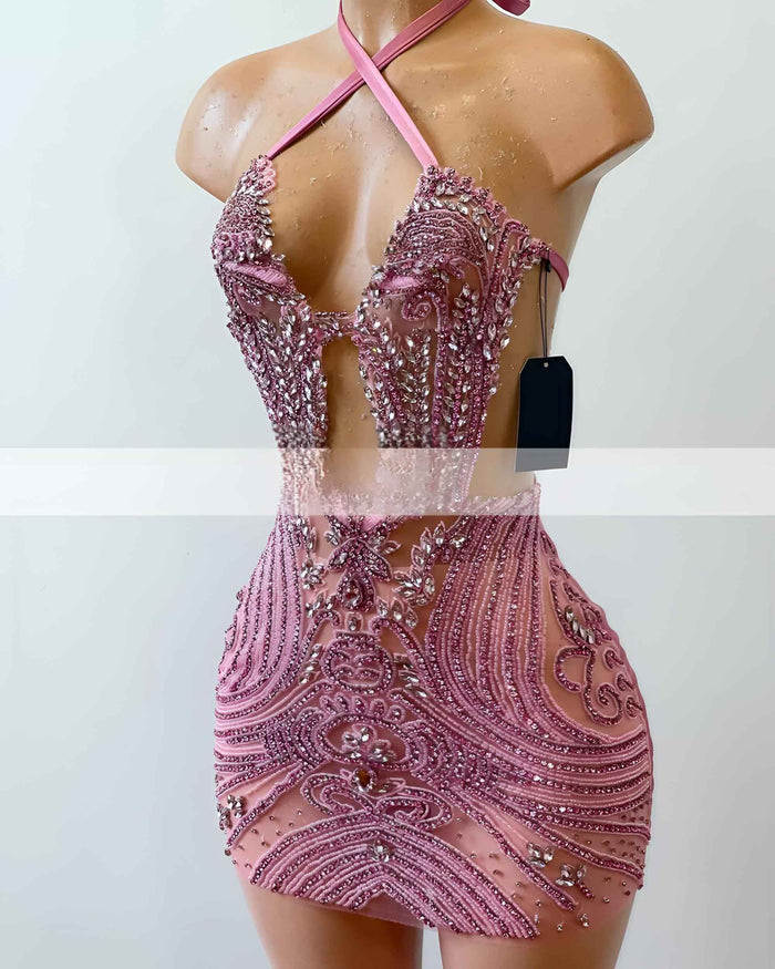 Pink Luxury Halter  Sparkly Diamond Birthday Dress