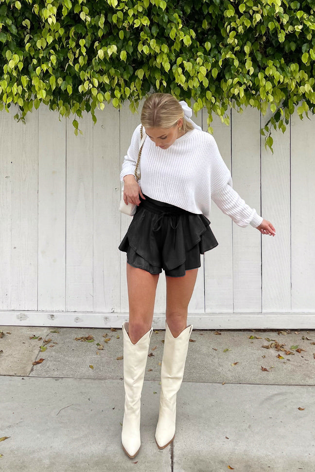 black trendy faux leather shorts - drawstring shorts - styling leather