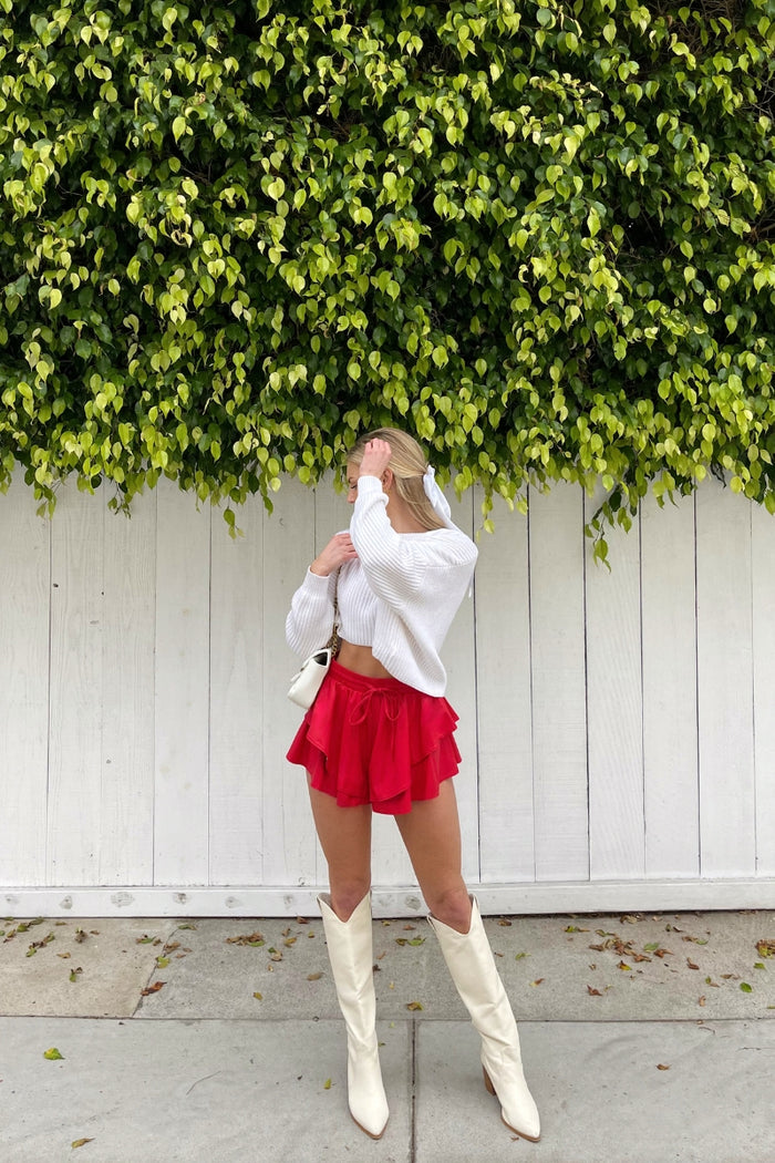 red tiered faux leather ruffle shorts - trendy red bottoms - valentines day outfit