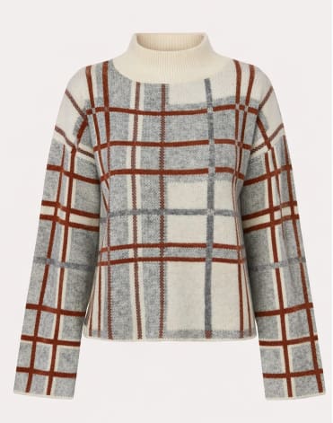 Plaid Mock Neck Knit Sweater – Long Sleeve Casual Winter Pullover for Women