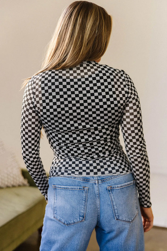 Plaid Stand Neck Long Sleeve Mesh Top – Black