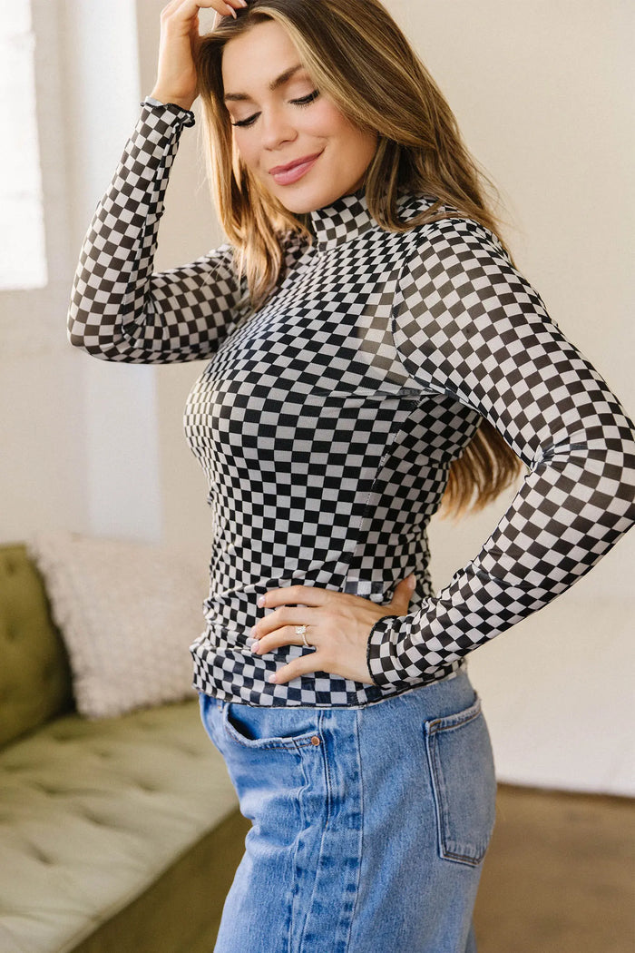 Plaid Stand Neck Long Sleeve Mesh Top – Black