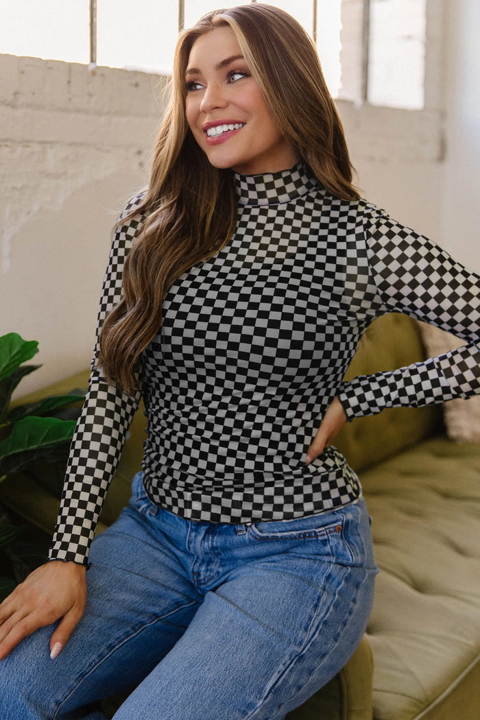 Plaid Stand Neck Long Sleeve Mesh Top – Black