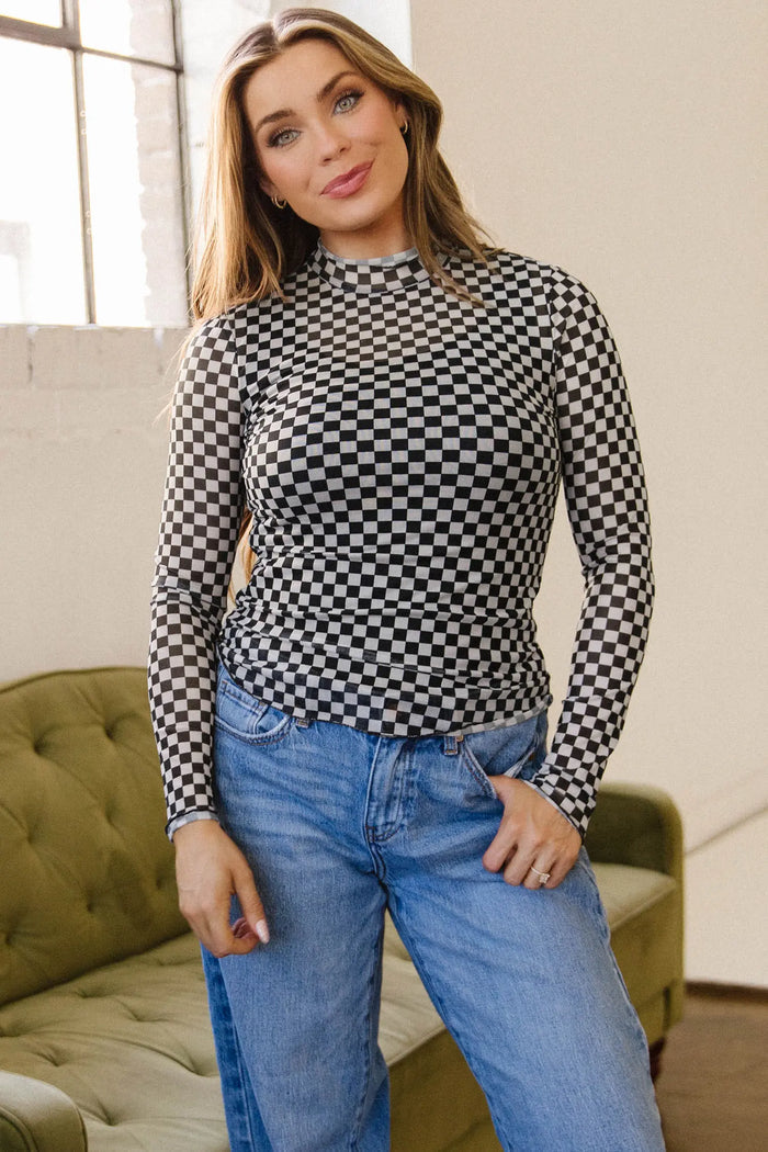 Plaid Stand Neck Long Sleeve Mesh Top – Black