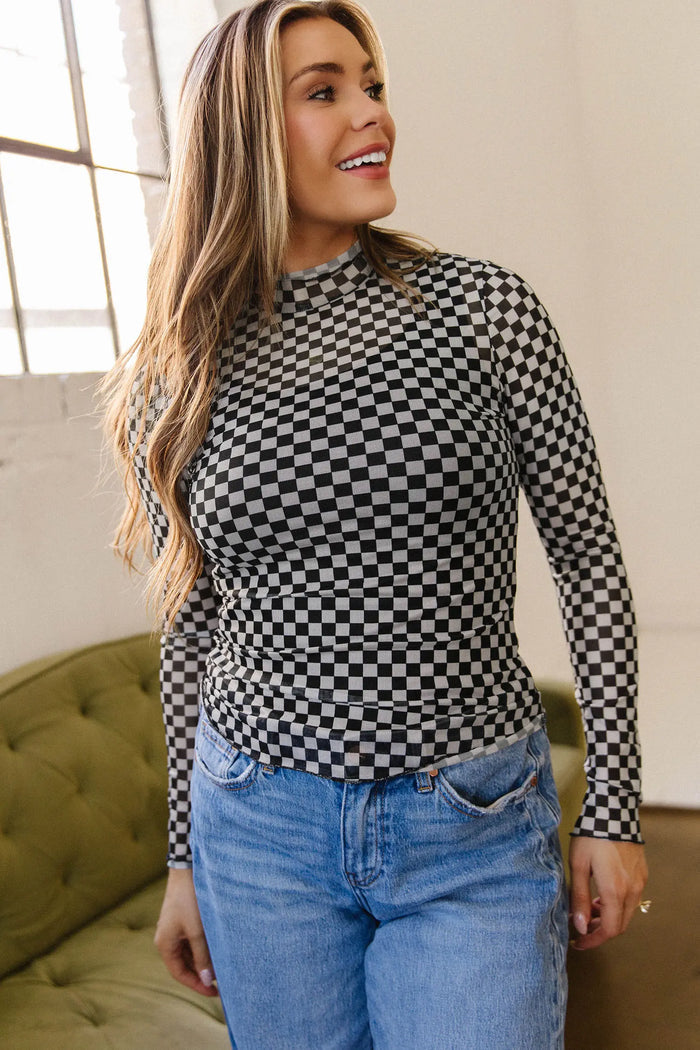 Plaid Stand Neck Long Sleeve Mesh Top – Black