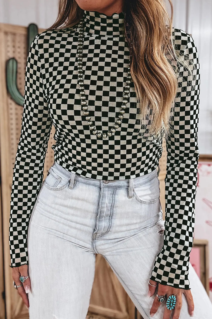 Plaid Stand Neck Long Sleeve Mesh Top – Black