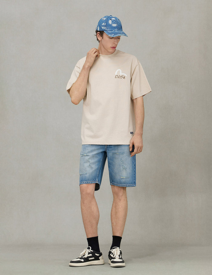 Playful Seagull and The Great Wave Print Regular Fit Denim Shorts