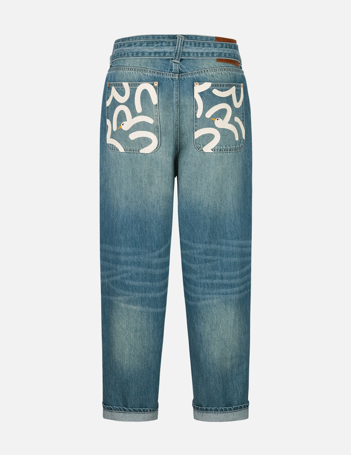 Playful Seagull Print Pocket Loose Fit Jeans #2038