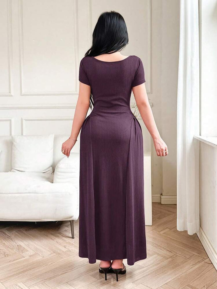 Plum Ribbed Bow Front Maxi Dress – Square Neck Short Sleeve Elegant Flowy Dress for Women