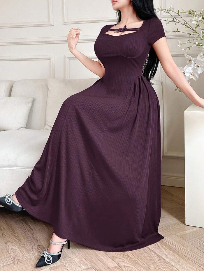 Plum Ribbed Bow Front Maxi Dress – Square Neck Short Sleeve Elegant Flowy Dress for Women