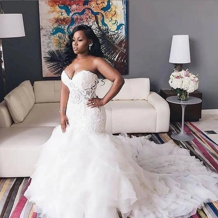 Plus Size Wedding Dresses Mermaid Sweetheart Ruffle Train - Envious Designs