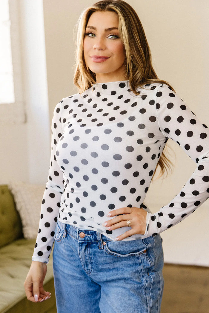 Polka Dot Mesh Long Sleeve Stand Neck Sheath Top – White