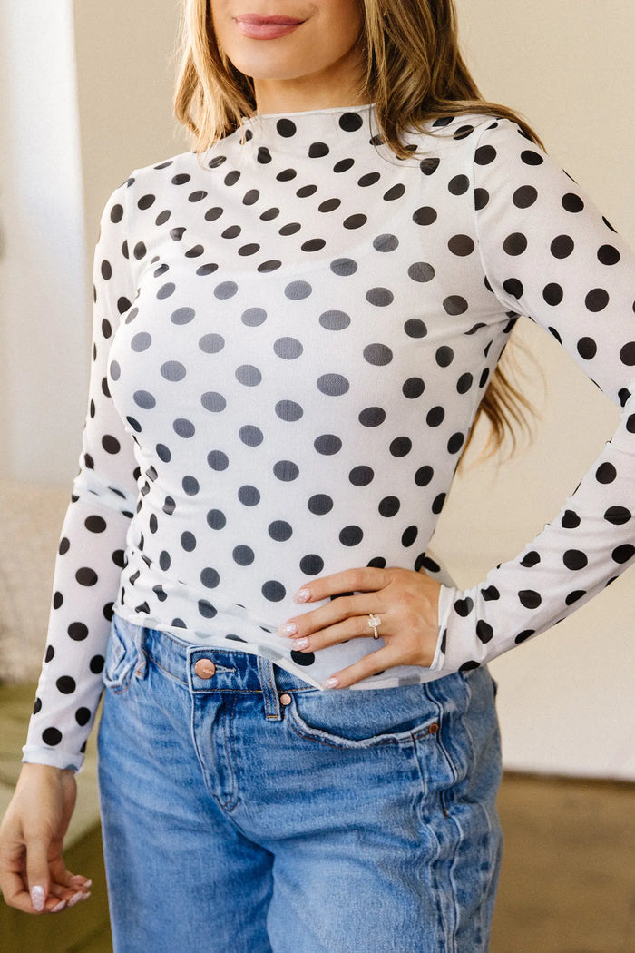 Polka Dot Mesh Long Sleeve Stand Neck Sheath Top – White