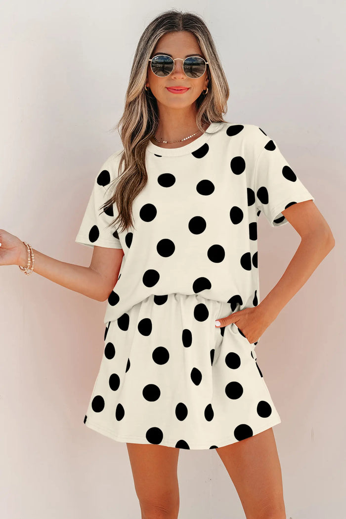 Polka Dot Short Sleeve Top Casual Skort 2pcs Outfit – White
