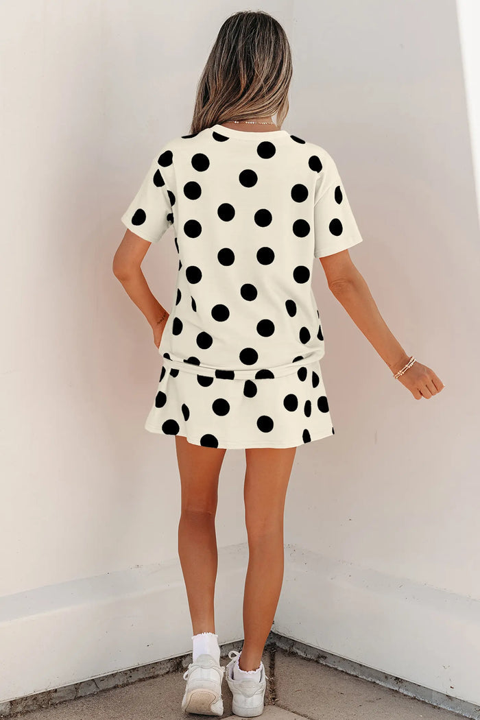 Polka Dot Short Sleeve Top Casual Skort 2pcs Outfit – White
