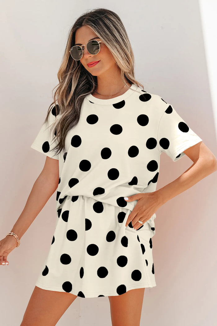 Polka Dot Short Sleeve Top Casual Skort 2pcs Outfit – White