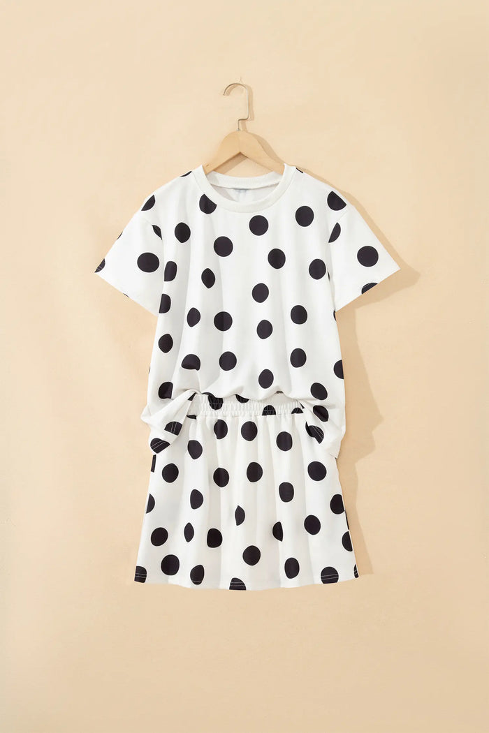 Polka Dot Short Sleeve Top Casual Skort 2pcs Outfit – White