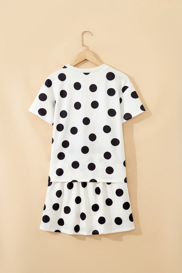 Polka Dot Short Sleeve Top Casual Skort 2pcs Outfit – White