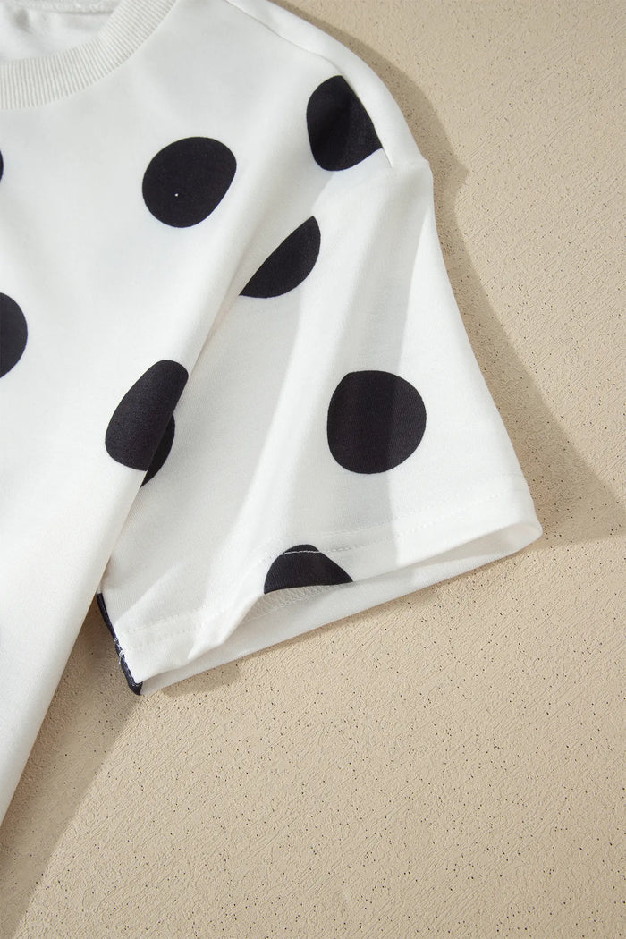 Polka Dot Short Sleeve Top Casual Skort 2pcs Outfit – White