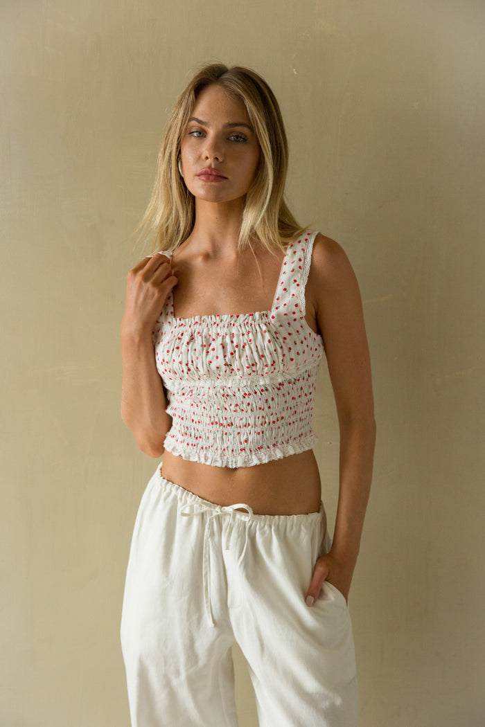 Front view | Red and white Floral lace trim smoacked top | Picnic Top