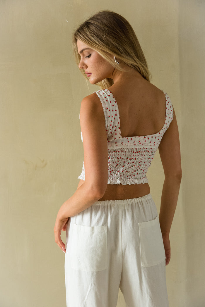 Back view | Red and white Floral lace trim smoacked top | Picnic Top