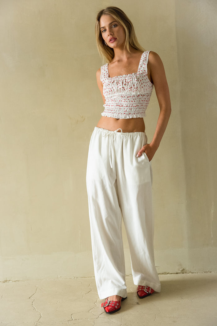 Front view | Red and white Floral lace trim smoacked top | Picnic Top