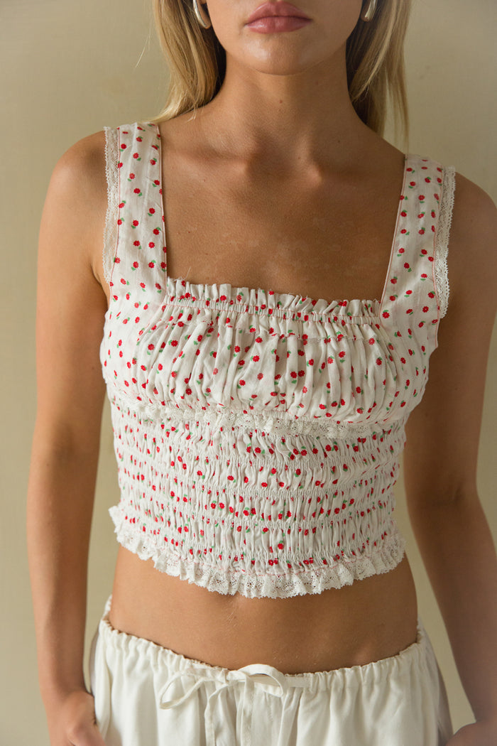 Front Zoomed view | Red and white Floral lace trim smoacked top | Picnic Top