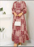 Printed Modest Maxi Dress with Waist Belt – Long Sleeve Flowing Women’s Dress – Rose Pink Pattern