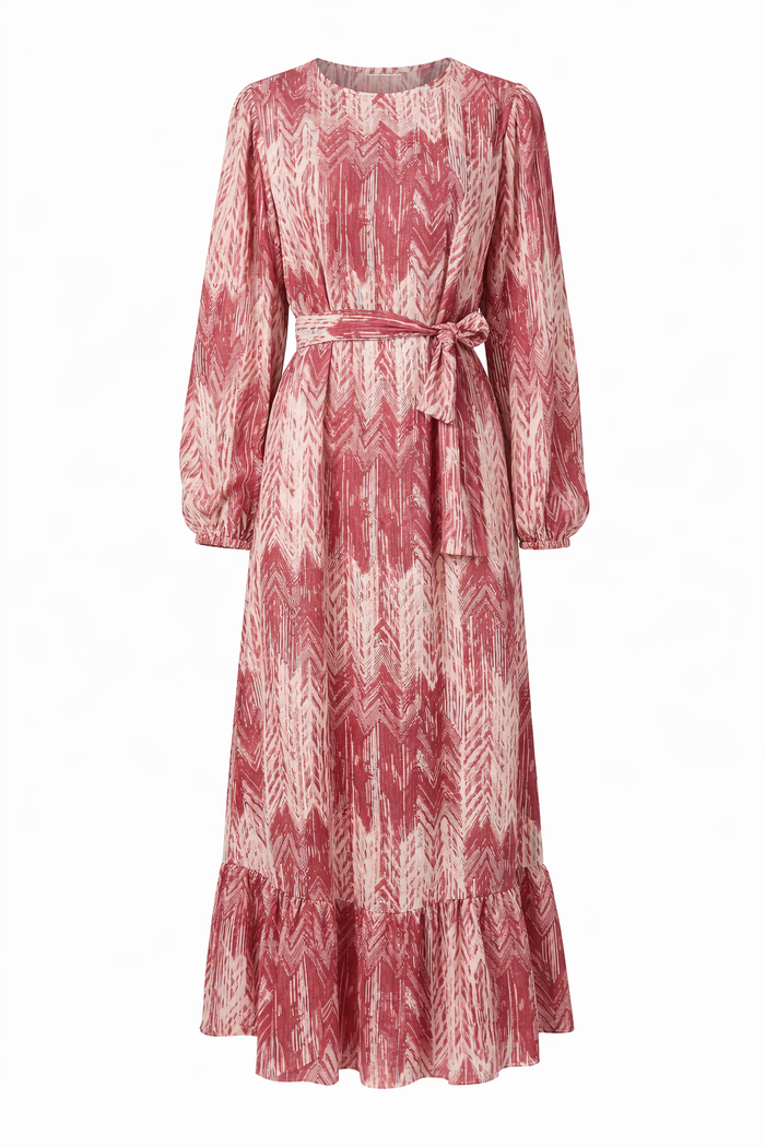Printed Modest Maxi Dress with Waist Belt – Long Sleeve Flowing Women’s Dress – Rose Pink Pattern