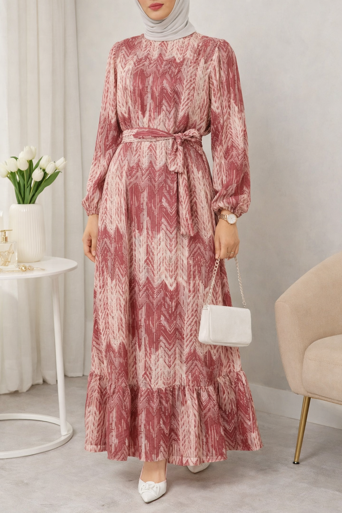 Printed Modest Maxi Dress with Waist Belt – Long Sleeve Flowing Women’s Dress – Rose Pink Pattern