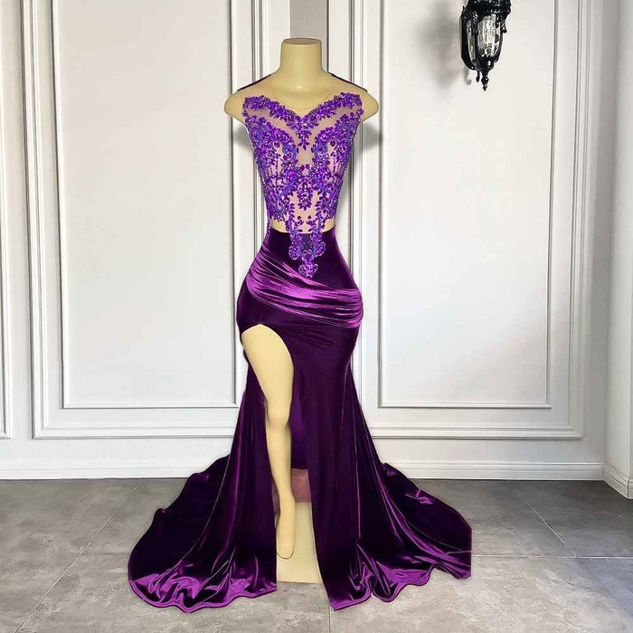 Purple Velvet Beaded Elegant Prom Dress for Timeless Glamour