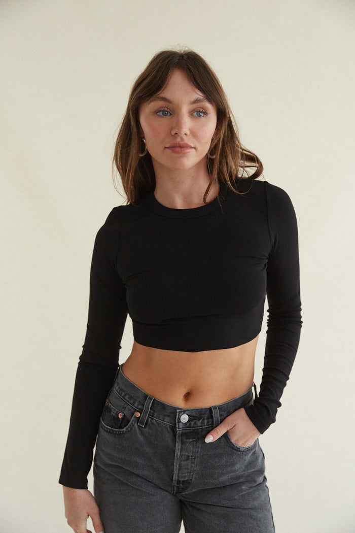 black ribbed long sleeve crop top baby tee