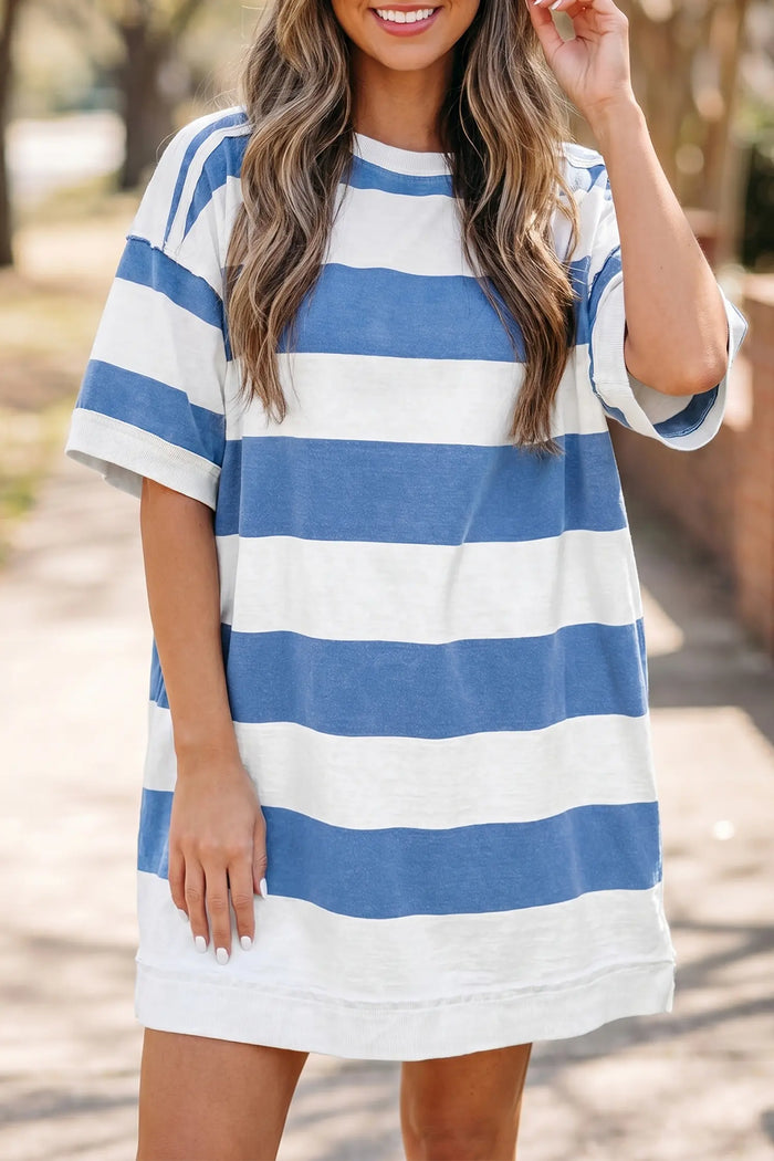 Raw Seam Shoulder Detail Casual Tee Dress – Blue Stripe