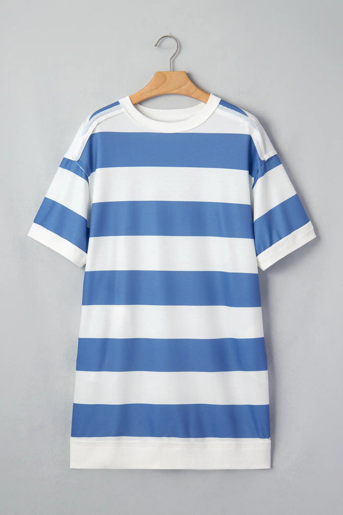 Raw Seam Shoulder Detail Casual Tee Dress – Blue Stripe