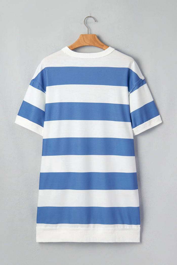 Raw Seam Shoulder Detail Casual Tee Dress – Blue Stripe