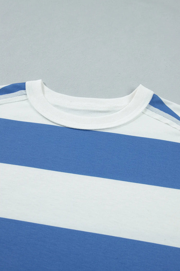 Raw Seam Shoulder Detail Casual Tee Dress – Blue Stripe