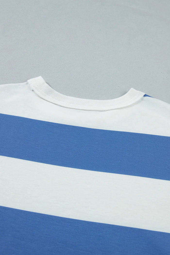 Raw Seam Shoulder Detail Casual Tee Dress – Blue Stripe