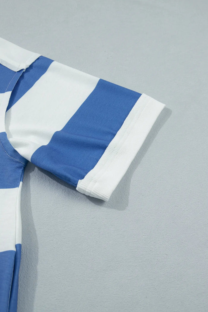 Raw Seam Shoulder Detail Casual Tee Dress – Blue Stripe